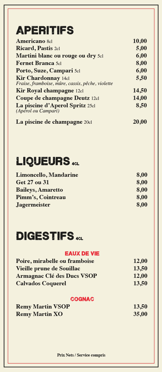 la carte des la brasserie Montaigne 72008 Paris