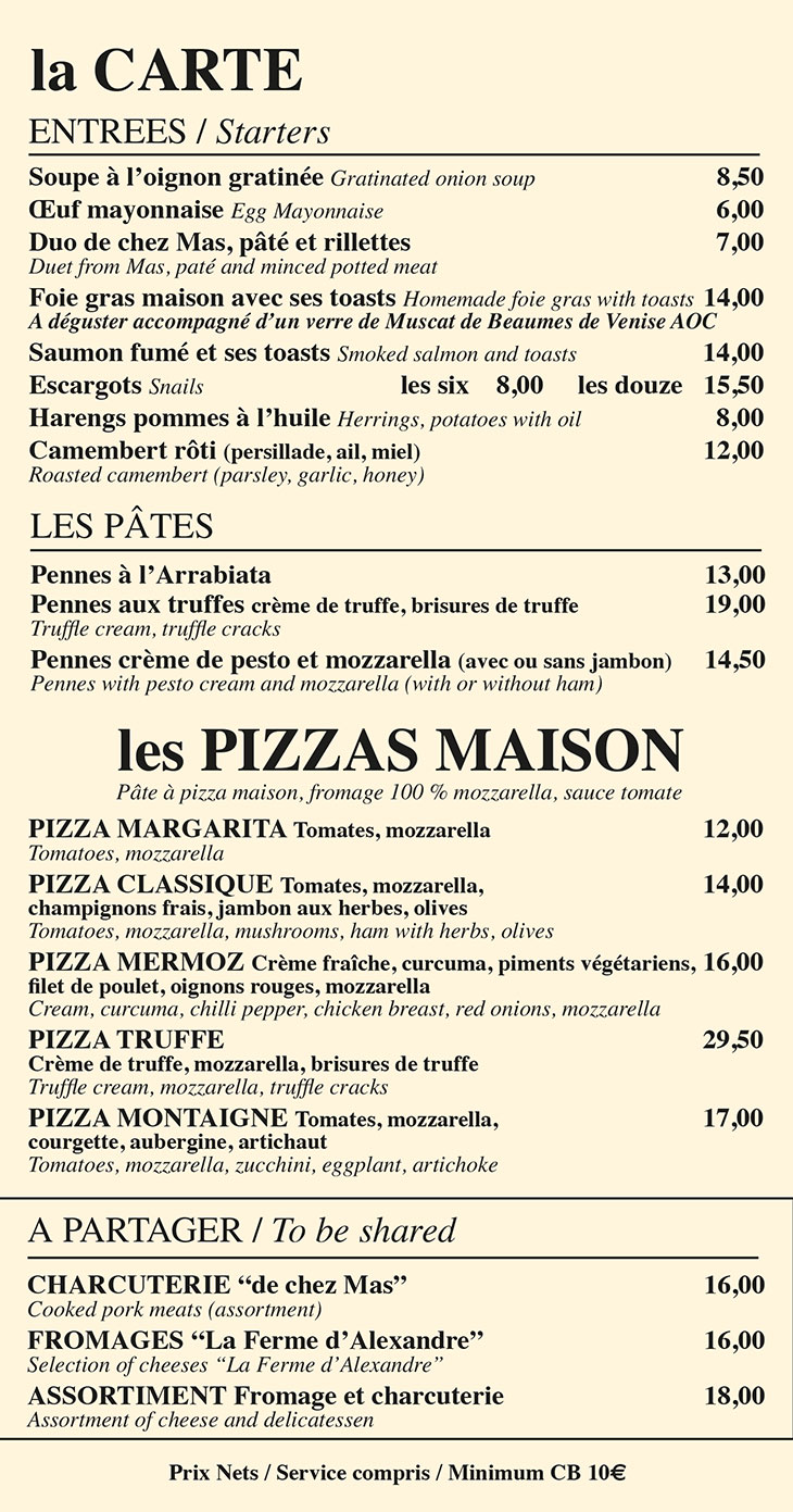 la carte des la brasserie Montaigne 72008 Paris